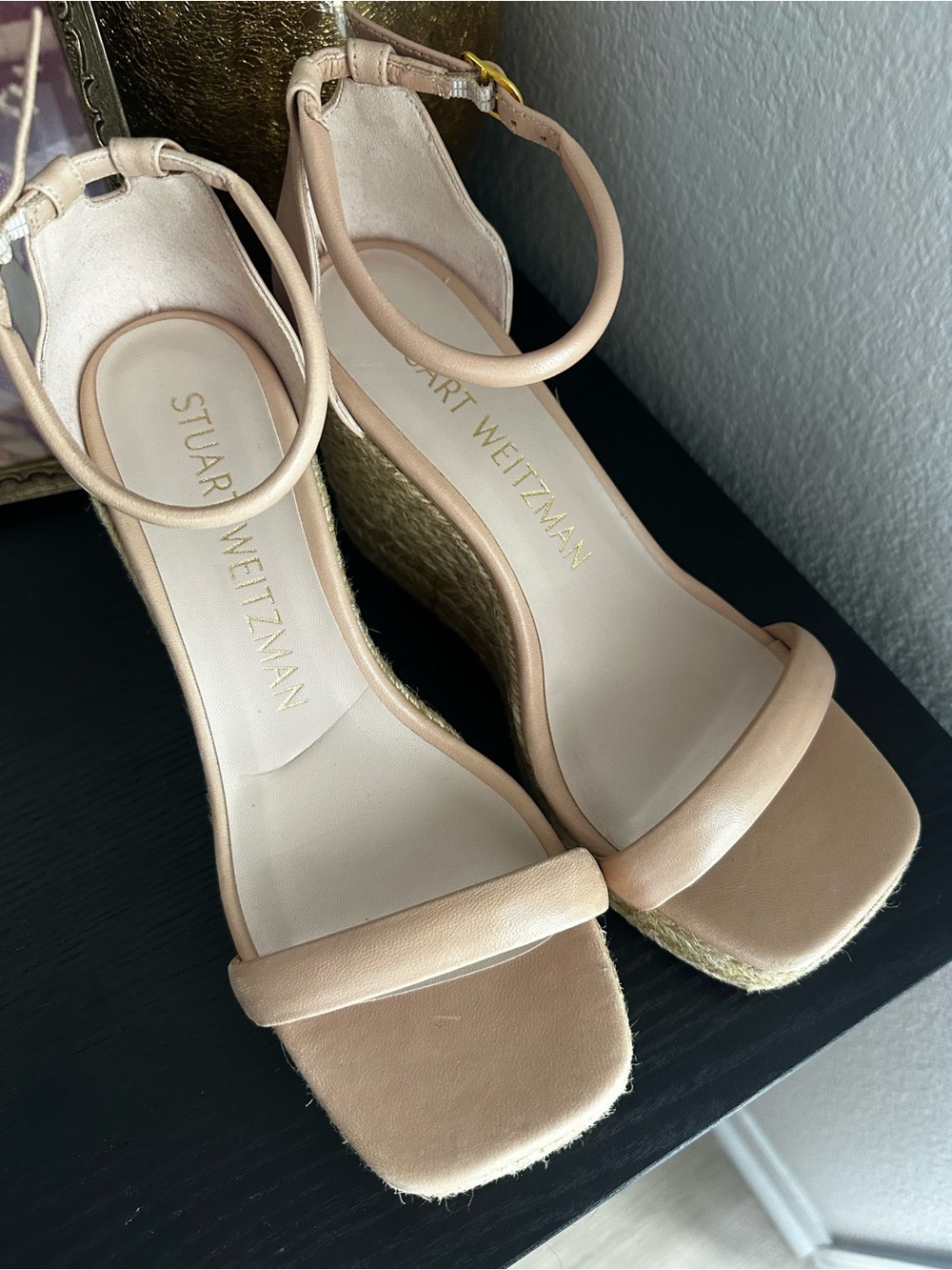 Stuart Weitzman Nude Tan Espadrille Wedge Sandals